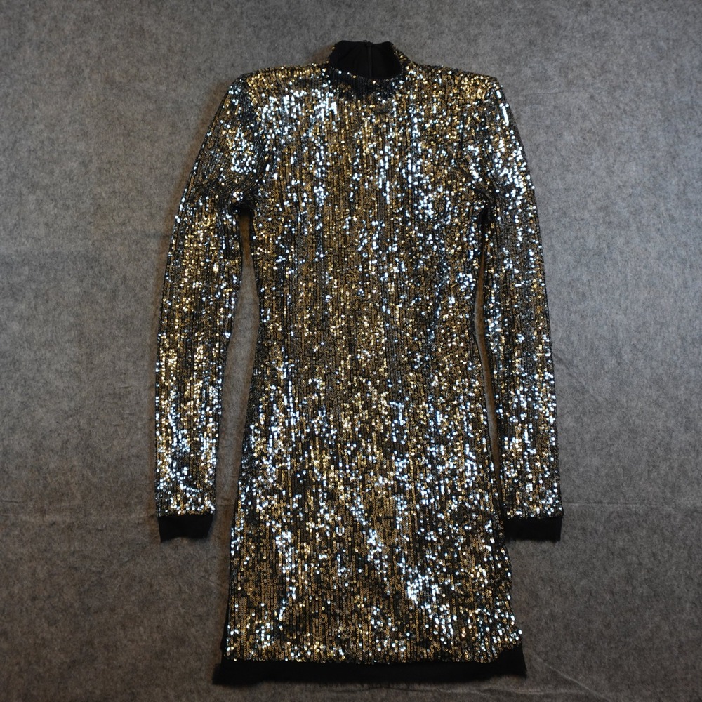 NBD Dress Women XXS Silver All Over Sequin Long Sleeve Mock Neck Bodycon Mini